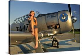 1940's Pin-Up Girl Sitting on the Wing of a World War II T-6 Texan-null-Stretched Canvas