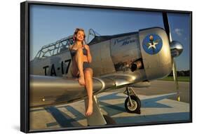 1940's Pin-Up Girl Sitting on the Wing of a World War II T-6 Texan-null-Framed Photographic Print