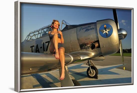 1940's Pin-Up Girl Sitting on the Wing of a World War II T-6 Texan-null-Framed Photographic Print
