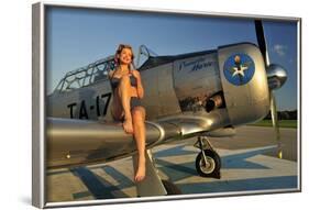 1940's Pin-Up Girl Sitting on the Wing of a World War II T-6 Texan-null-Framed Photographic Print