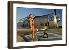 1940's Pin-Up Girl Sitting on the Wing of a World War II T-6 Texan-null-Framed Photographic Print