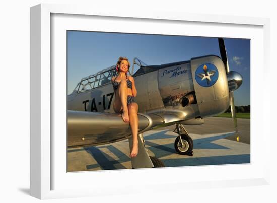 1940's Pin-Up Girl Sitting on the Wing of a World War II T-6 Texan-null-Framed Photographic Print