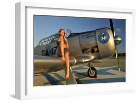 1940's Pin-Up Girl Sitting on the Wing of a World War II T-6 Texan-null-Framed Photographic Print