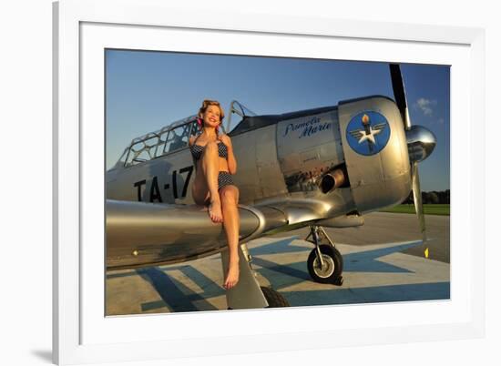 1940's Pin-Up Girl Sitting on the Wing of a World War II T-6 Texan-null-Framed Photographic Print