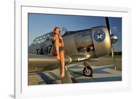 1940's Pin-Up Girl Sitting on the Wing of a World War II T-6 Texan-null-Framed Photographic Print