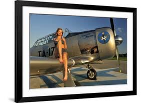 1940's Pin-Up Girl Sitting on the Wing of a World War II T-6 Texan-null-Framed Photographic Print