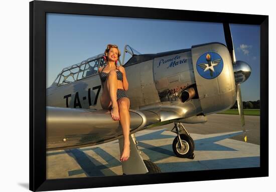 1940's Pin-Up Girl Sitting on the Wing of a World War II T-6 Texan-null-Framed Photographic Print