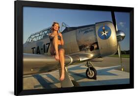 1940's Pin-Up Girl Sitting on the Wing of a World War II T-6 Texan-null-Framed Photographic Print