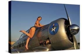 1940's Pin-Up Girl Standing on the Wing of a World War II T-6 Texan-null-Stretched Canvas