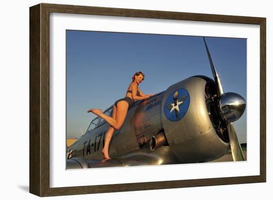 1940's Pin-Up Girl Standing on the Wing of a World War II T-6 Texan-null-Framed Photographic Print