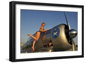 1940's Pin-Up Girl Standing on the Wing of a World War II T-6 Texan-null-Framed Photographic Print