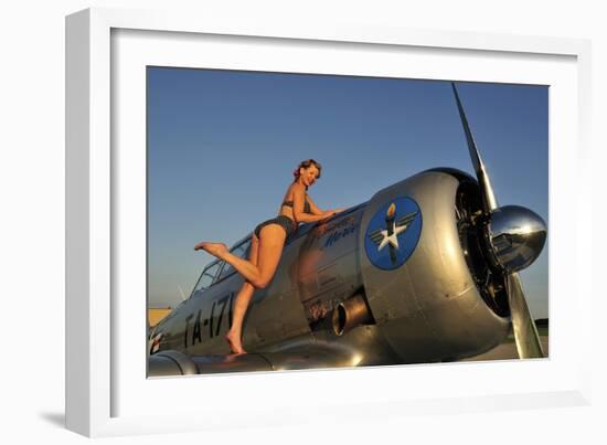 1940's Pin-Up Girl Standing on the Wing of a World War II T-6 Texan-null-Framed Photographic Print