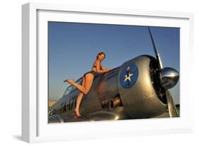 1940's Pin-Up Girl Standing on the Wing of a World War II T-6 Texan-null-Framed Photographic Print