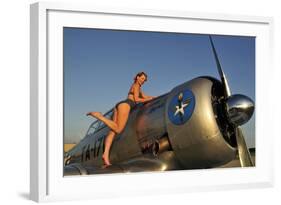 1940's Pin-Up Girl Standing on the Wing of a World War II T-6 Texan-null-Framed Photographic Print