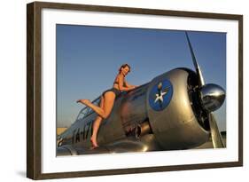 1940's Pin-Up Girl Standing on the Wing of a World War II T-6 Texan-null-Framed Photographic Print