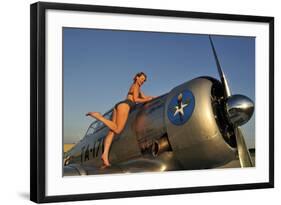 1940's Pin-Up Girl Standing on the Wing of a World War II T-6 Texan-null-Framed Photographic Print