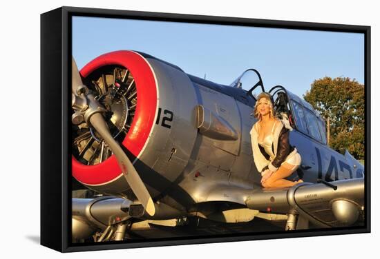 1940's Style Aviator Pin-Up Girl Posing with a Vintage T-6 Texan Aircraft-null-Framed Stretched Canvas