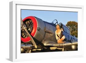 1940's Style Aviator Pin-Up Girl Posing with a Vintage T-6 Texan Aircraft-null-Framed Photographic Print