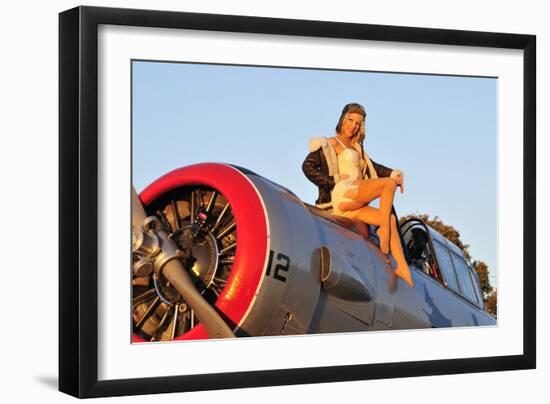 1940's Style Aviator Pin-Up Girl Posing with a Vintage T-6 Texan Aircraft-null-Framed Premium Photographic Print