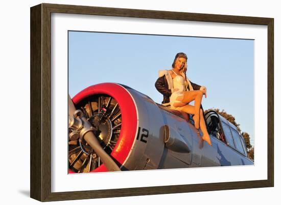 1940's Style Aviator Pin-Up Girl Posing with a Vintage T-6 Texan Aircraft-null-Framed Photographic Print