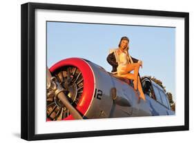 1940's Style Aviator Pin-Up Girl Posing with a Vintage T-6 Texan Aircraft-null-Framed Photographic Print