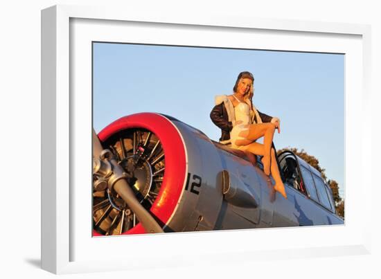 1940's Style Aviator Pin-Up Girl Posing with a Vintage T-6 Texan Aircraft-null-Framed Photographic Print