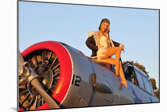 1940's Style Aviator Pin-Up Girl Posing with a Vintage T-6 Texan Aircraft-null-Mounted Photographic Print