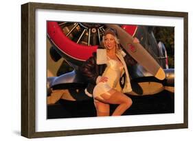 1940's Style Aviator Pin-Up Girl Posing with a Vintage T-6 Texan Aircraft-null-Framed Photographic Print