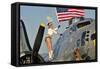 1940's Style Majorette Pin-Up Girl on a B-17 Bomber with an American Flag-null-Framed Stretched Canvas