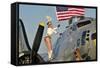 1940's Style Majorette Pin-Up Girl on a B-17 Bomber with an American Flag-null-Framed Stretched Canvas