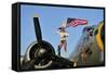 1940's Style Majorette Pin-Up Girl on a B-17 Bomber with an American Flag-null-Framed Stretched Canvas