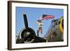 1940's Style Majorette Pin-Up Girl on a B-17 Bomber with an American Flag-null-Framed Photographic Print