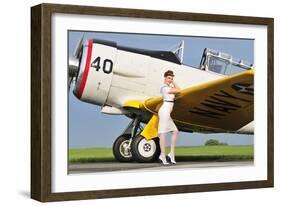 1940's Style Navy Pin-Up Girl Leaning on the Wing of a T-6 Texan-null-Framed Photographic Print