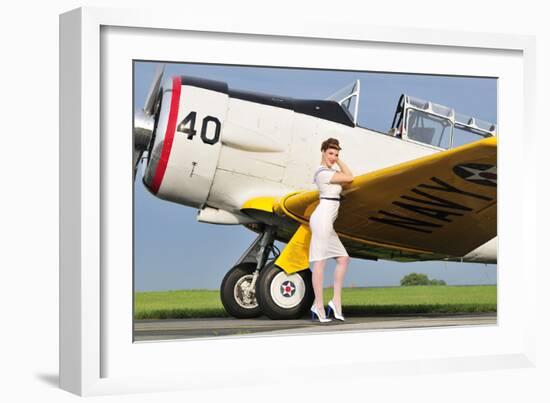 1940's Style Navy Pin-Up Girl Leaning on the Wing of a T-6 Texan-null-Framed Photographic Print