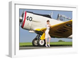 1940's Style Navy Pin-Up Girl Leaning on the Wing of a T-6 Texan-null-Framed Photographic Print