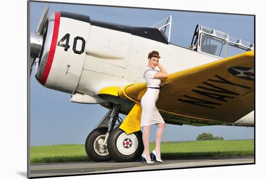 1940's Style Navy Pin-Up Girl Leaning on the Wing of a T-6 Texan-null-Mounted Photographic Print