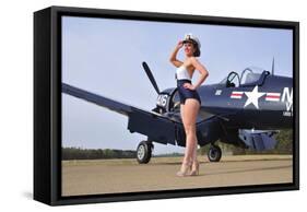 1940's Style Navy Pin-Up Girl Posing with a Vintage Corsair Aircraft-null-Framed Stretched Canvas