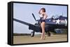 1940's Style Navy Pin-Up Girl Posing with a Vintage Corsair Aircraft-null-Framed Stretched Canvas