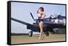 1940's Style Navy Pin-Up Girl Posing with a Vintage Corsair Aircraft-null-Framed Stretched Canvas