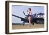 1940's Style Navy Pin-Up Girl Posing with a Vintage Corsair Aircraft-null-Framed Premium Photographic Print