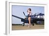 1940's Style Navy Pin-Up Girl Posing with a Vintage Corsair Aircraft-null-Framed Premium Photographic Print