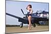 1940's Style Navy Pin-Up Girl Posing with a Vintage Corsair Aircraft-null-Mounted Premium Photographic Print