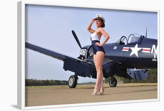 1940's Style Navy Pin-Up Girl Posing with a Vintage Corsair Aircraft-null-Framed Photographic Print