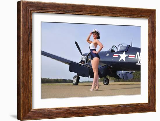 1940's Style Navy Pin-Up Girl Posing with a Vintage Corsair Aircraft-null-Framed Photographic Print