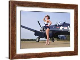 1940's Style Navy Pin-Up Girl Posing with a Vintage Corsair Aircraft-null-Framed Photographic Print