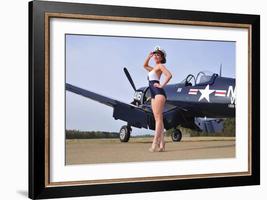 1940's Style Navy Pin-Up Girl Posing with a Vintage Corsair Aircraft-null-Framed Photographic Print