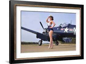 1940's Style Navy Pin-Up Girl Posing with a Vintage Corsair Aircraft-null-Framed Photographic Print