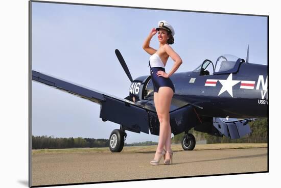 1940's Style Navy Pin-Up Girl Posing with a Vintage Corsair Aircraft-null-Mounted Photographic Print