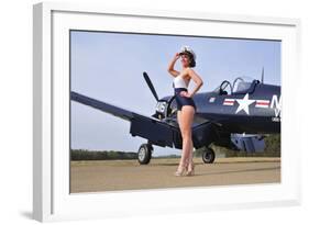 1940's Style Navy Pin-Up Girl Posing with a Vintage Corsair Aircraft-null-Framed Photographic Print