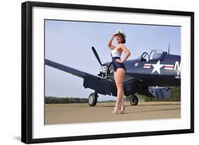 1940's Style Navy Pin-Up Girl Posing with a Vintage Corsair Aircraft-null-Framed Photographic Print